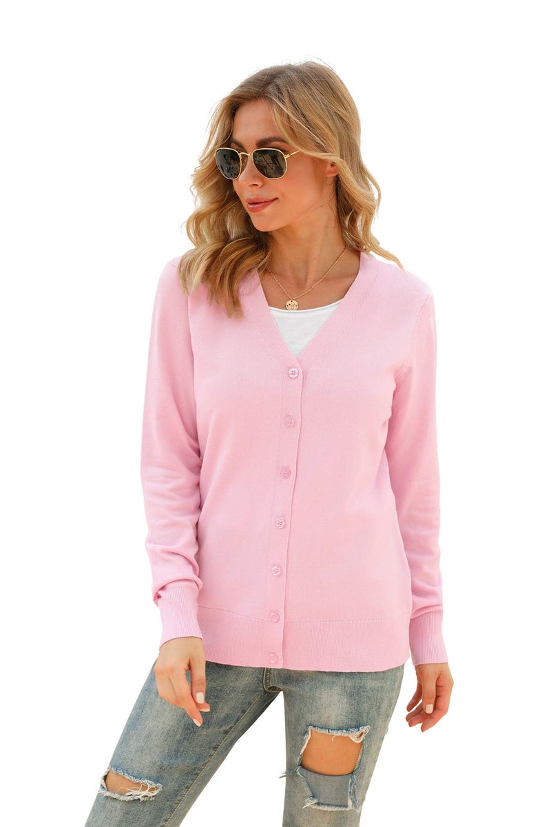VIISHOW Women's V-Neck Button Down Knitwear Long Sleeve Soft Basic Knit Cardigan Sweater, Pink, Small - Image 3